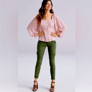 CAbi Pink Striped Puff Sleeve Blouse
